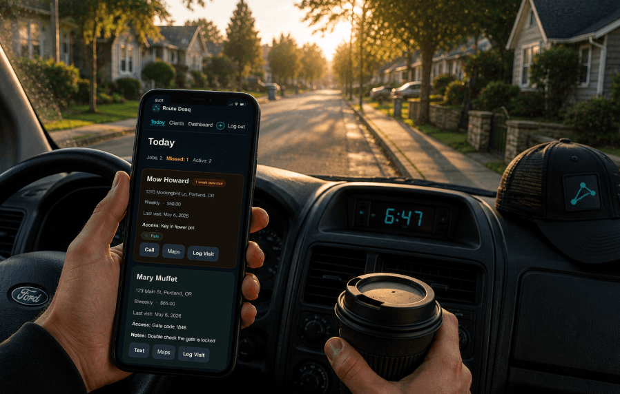 Driver's point of view inside a service vehicle at sunrise, holding coffee and viewing the Route Desq app on a phone