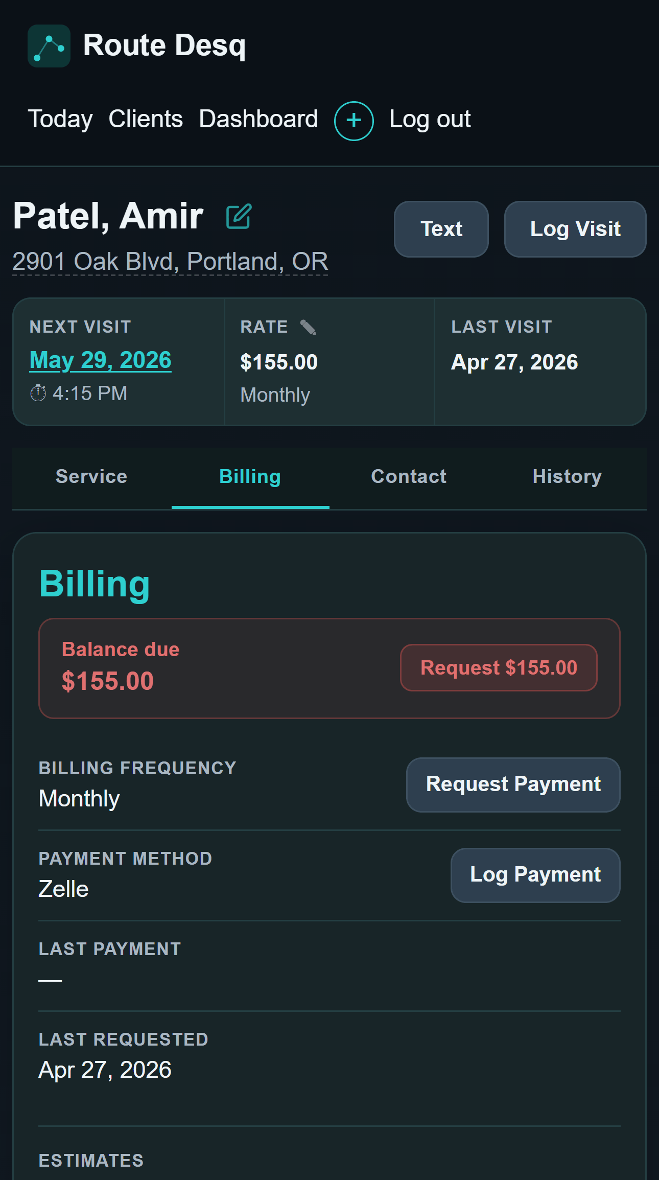 Route Desq billing tab showing $155 balance due with Request button