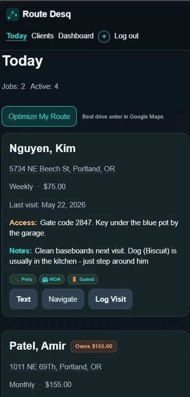 Route Desq Today screen showing three client cards with appointment times, notes, and an Owes badge