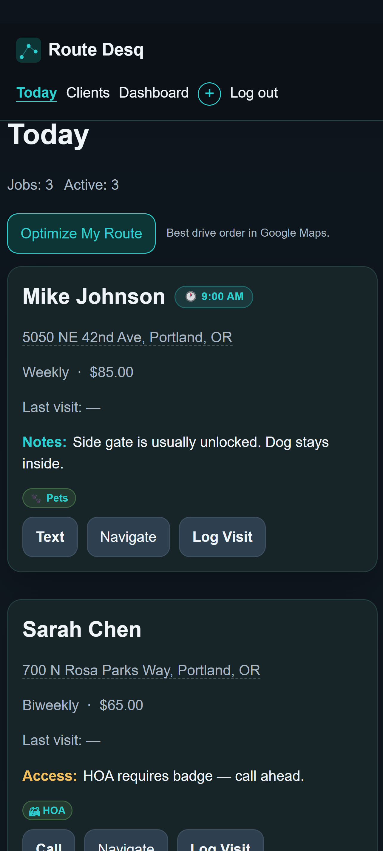 Route Desq Today view showing client cards with overdue badge, access notes, and action buttons